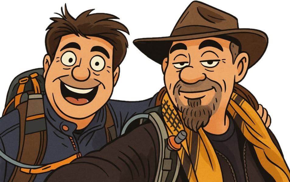 Les deux compères de COO-PAIRS : un psychologue et un guide de randonnée, en illustration.