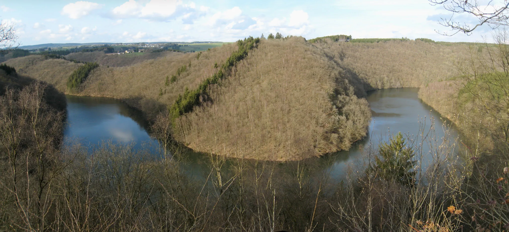 Méandre du lac de Nisramont entouré de forêts ardennaises.